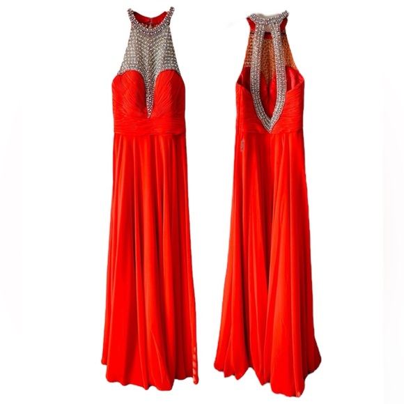 Cinderella Divine Beautiful Bright Coral & Rhinestone Embellished Formal Gown 4 - Picture 7 of 8